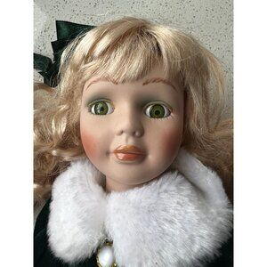 UMP Intl Christmas Doll 16” Porcelain Blonde Velvet Taffeta Plaid Green Red Wrea